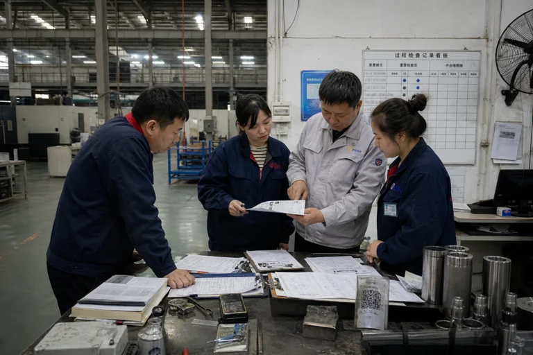 生产与质量人员在工厂现场讨论过程控制与检验记录